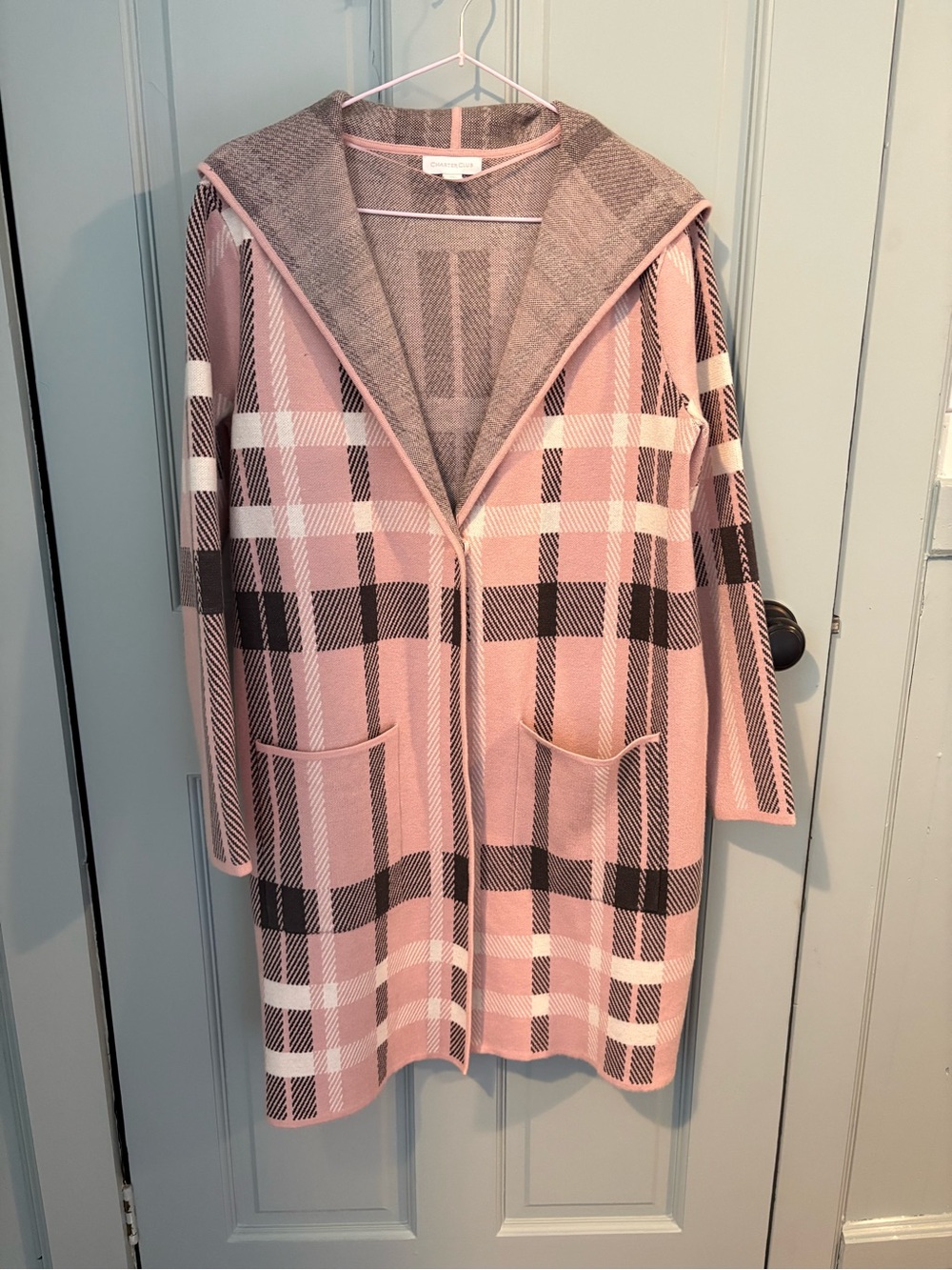 Charter Club Pink and Gray Plaid Hooded Cardigan